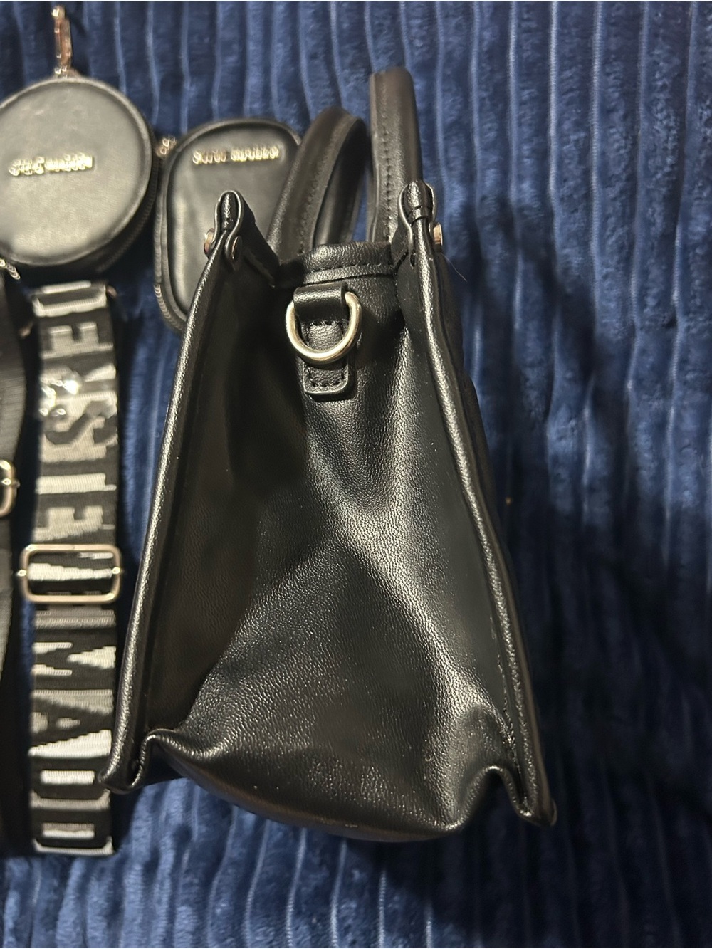Steve Madden Black Quilted Mini Satchel with Branded Strap and Pouches - Picture 6 of 10